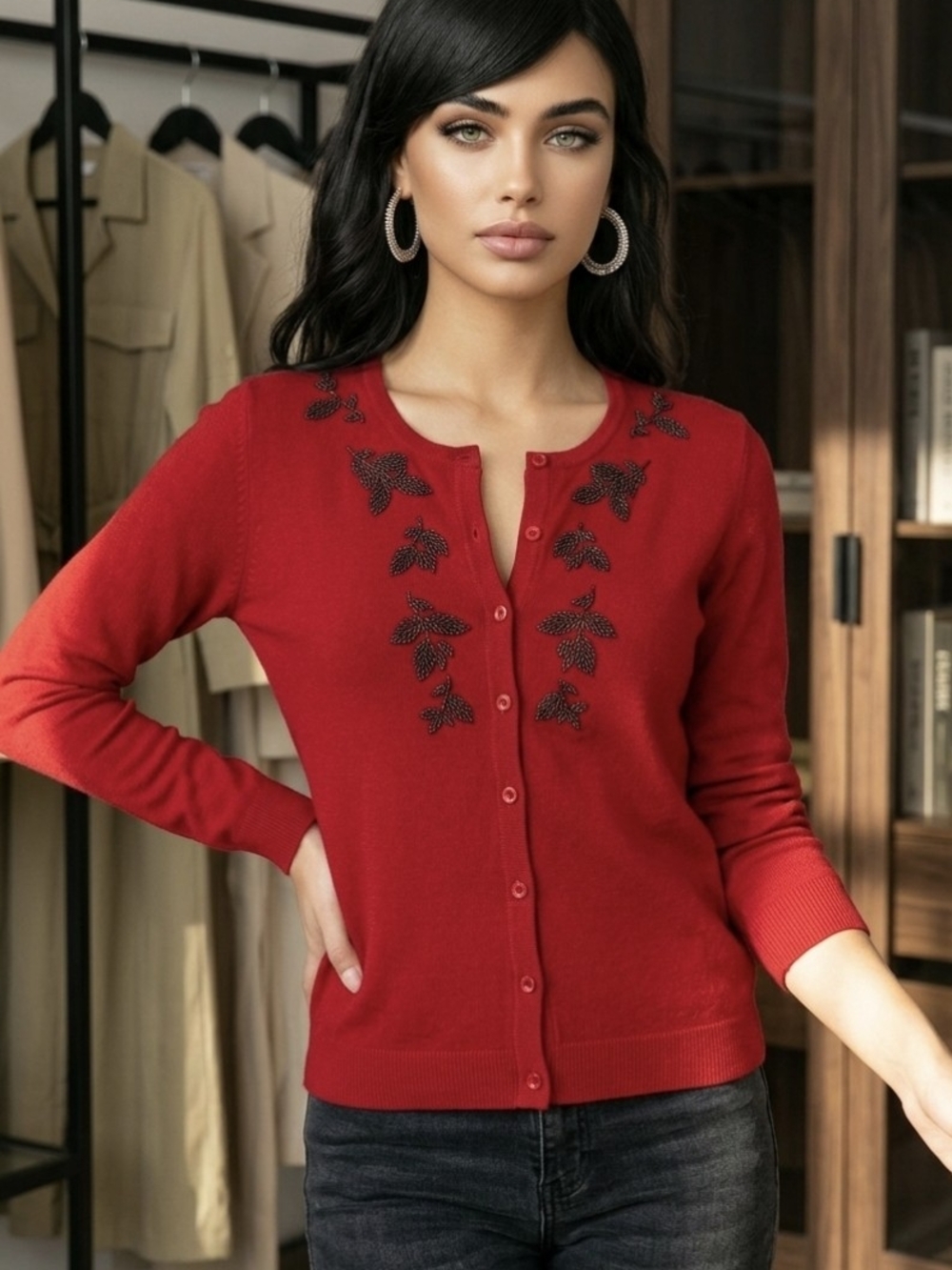 Urban Outfitters Red Button-Up Sweater with Black Embroidered Leaves